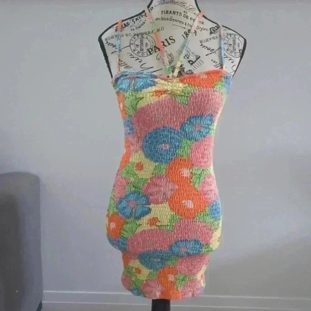 ZARA  | Women's Multicolor Retro Floral Smocked Mini Dress